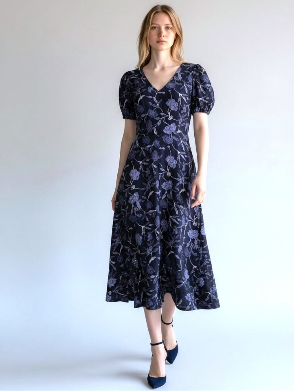 GAP Cottagecore Navy Blue Floral Linen V-neck Short Sleeve Midi Dress,sz 2